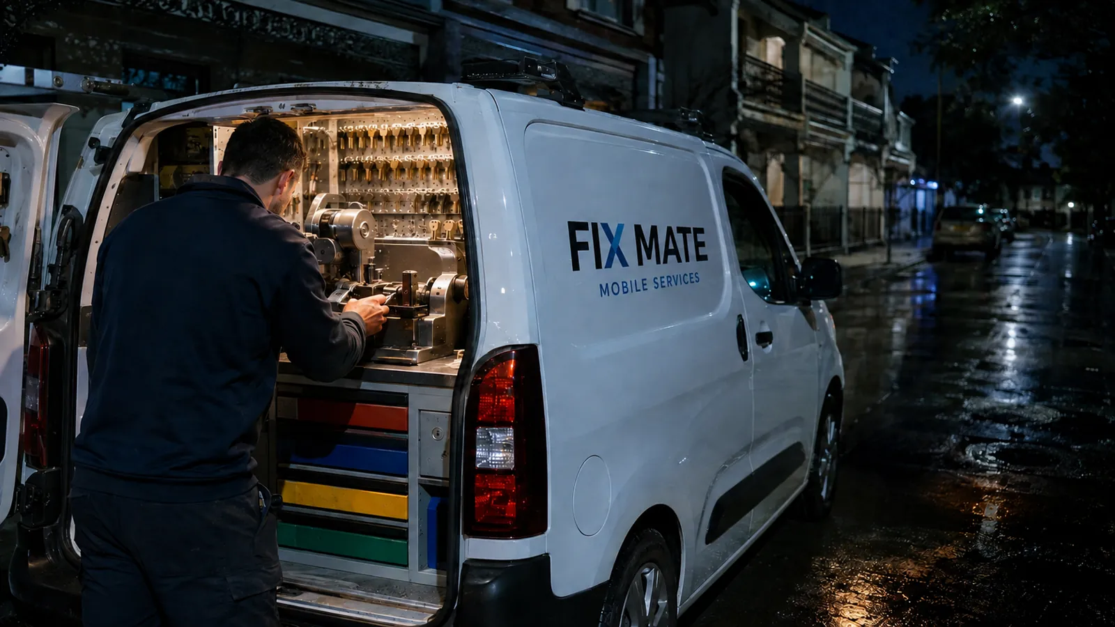 Fix Mate locksmith cutting a key inside a lit mobile workshop van on a wet Melbourne street