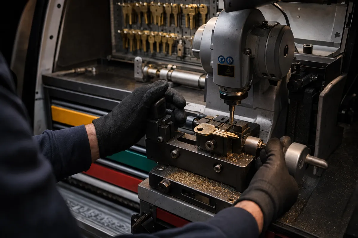 A locksmith cutting a new brass house key in a mobile workshop