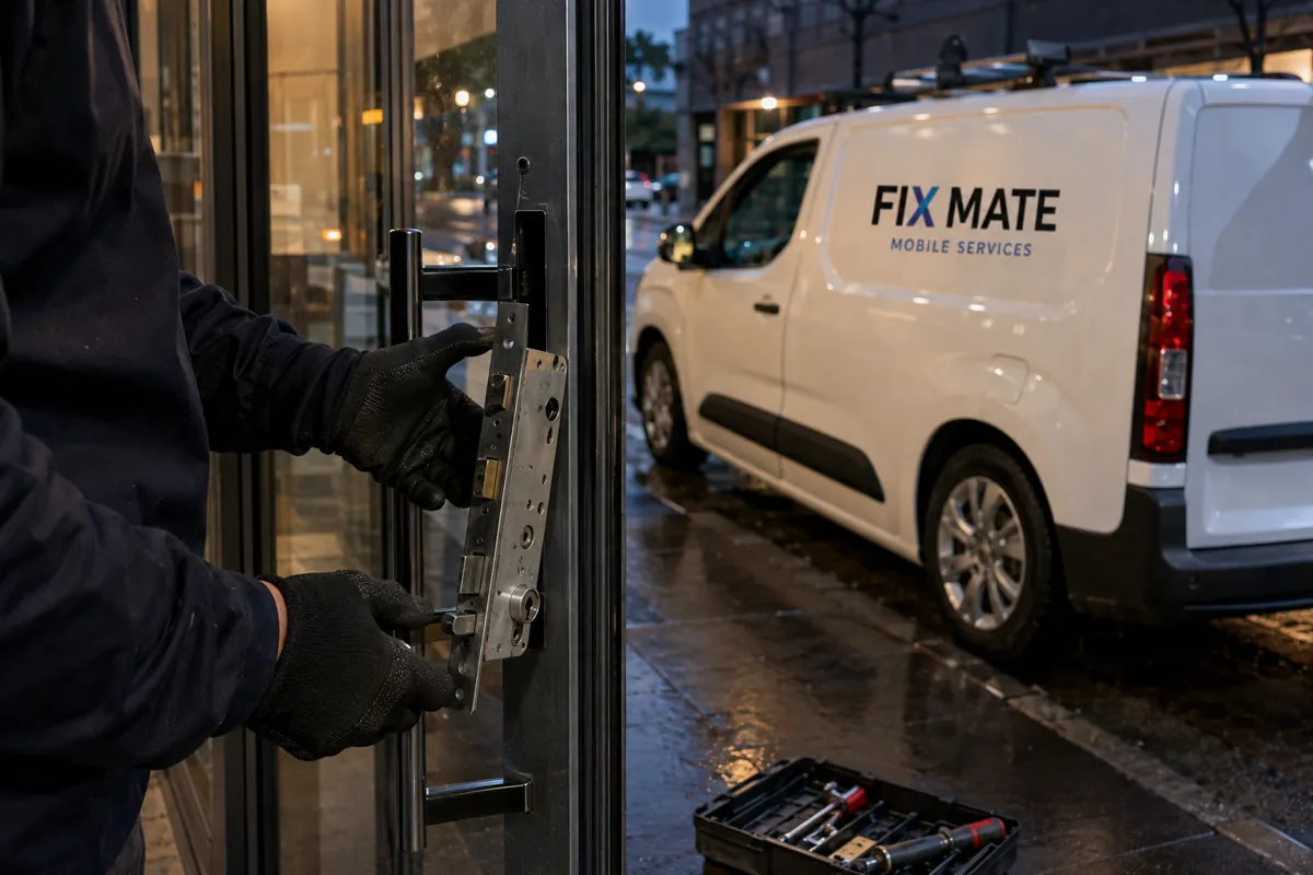 A commercial locksmith servicing a glass shopfront door lock