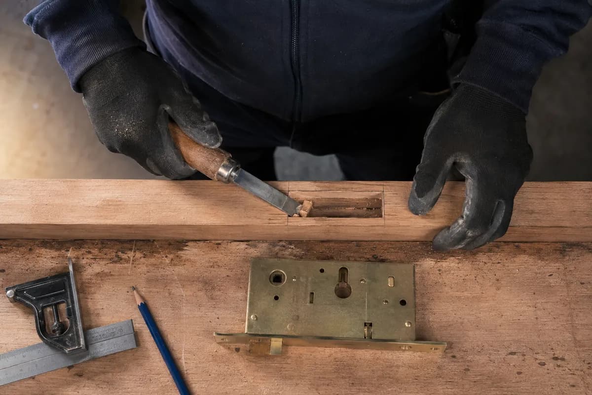 A locksmith preparing a timber door for a new mortice lock